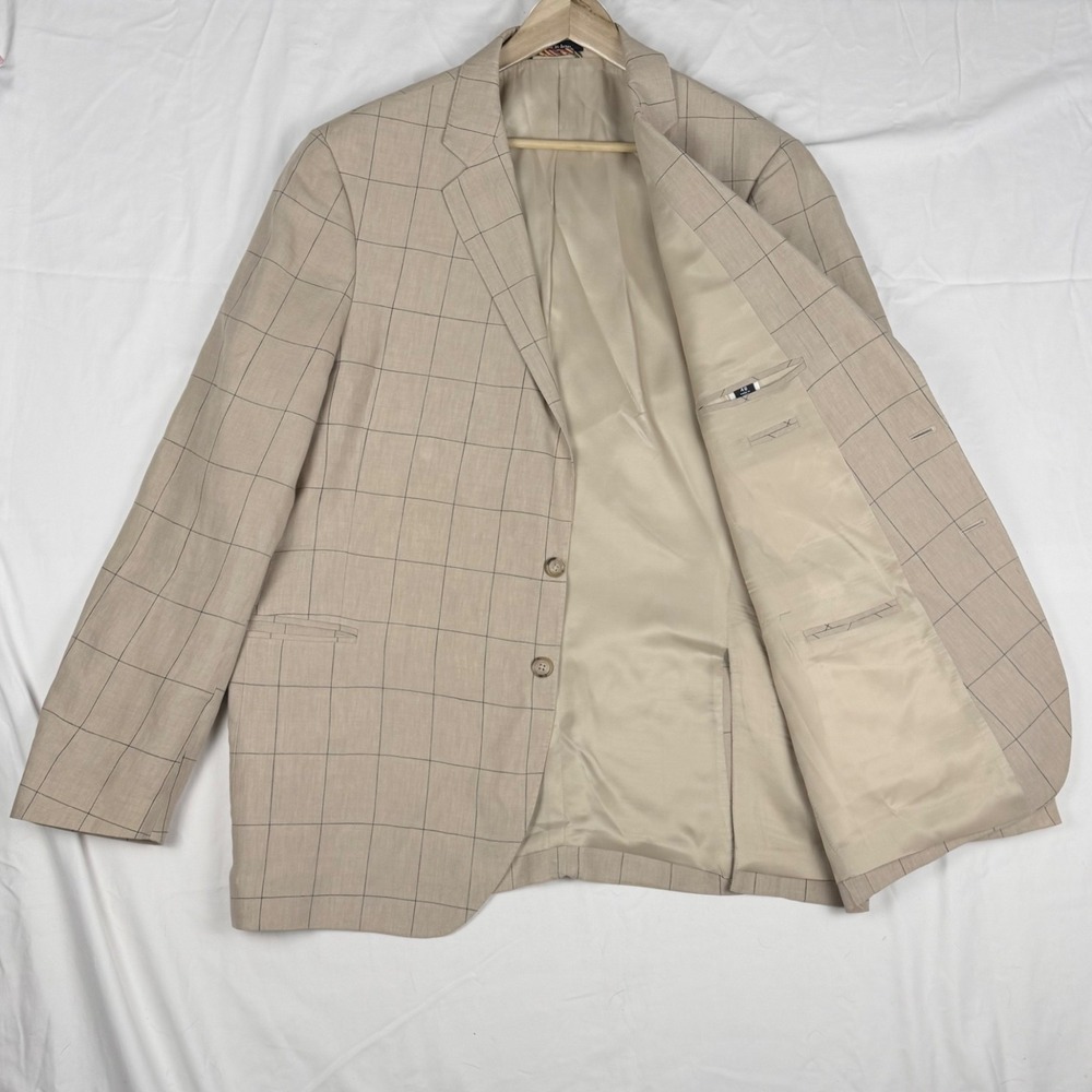 Lands End Sport Coat Blazer Tan Window Pane 100% Linen Country Club - Picture 2 of 15